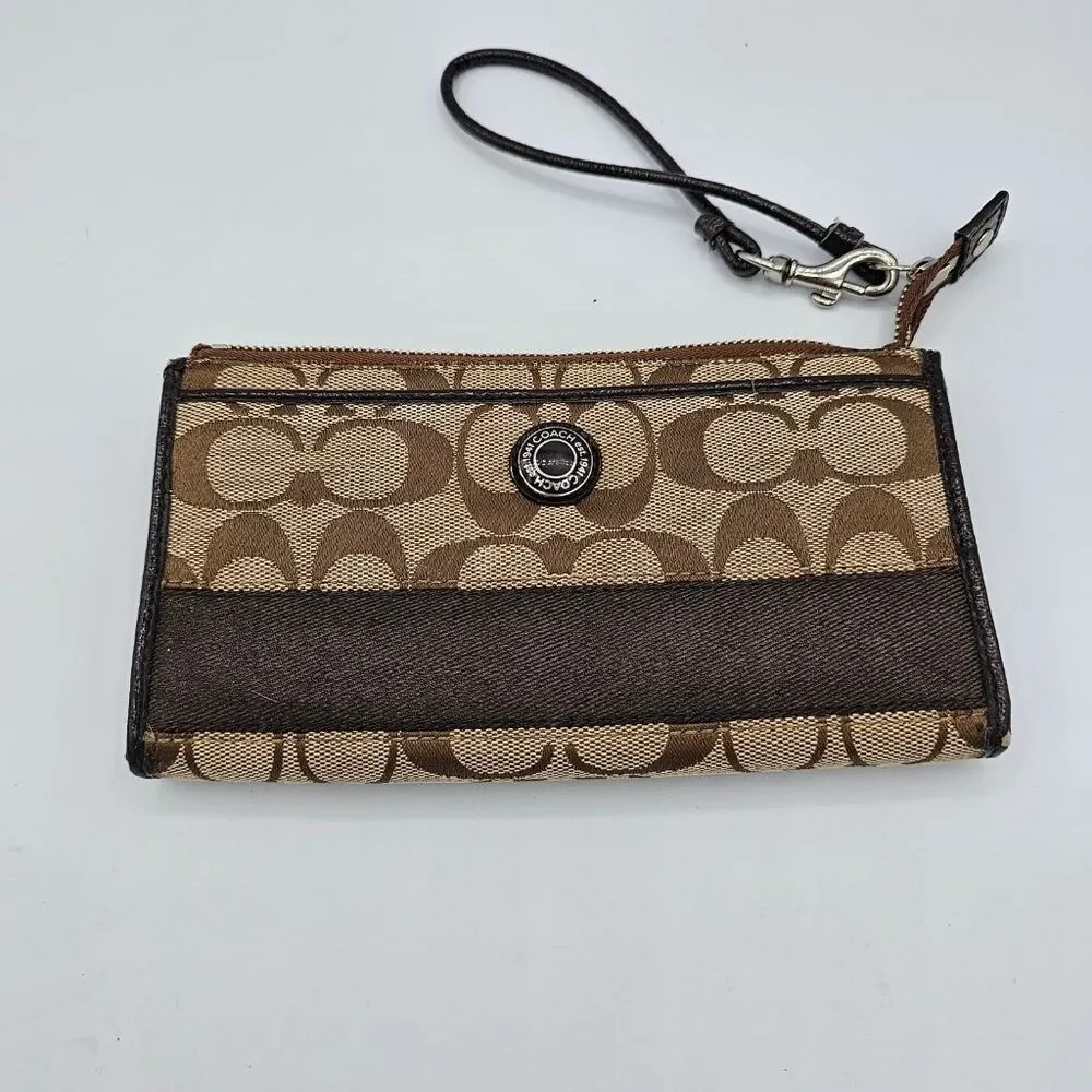 Coach Signature Jacquard Wristlet Wallet Khaki Brown Zip Clutch Leather Trim